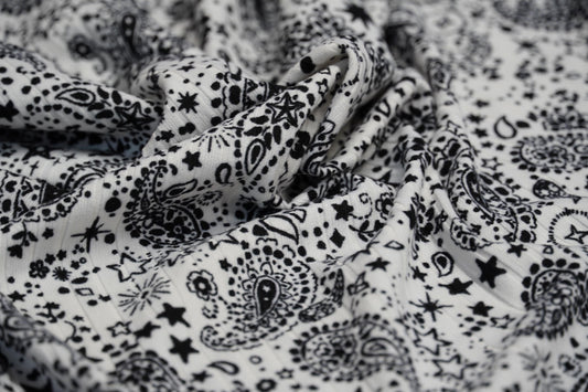 DBP 8x2 Rib Knit Paisley Double Brushed Polyester Spandex Vintage Bandana Monotone White Black Fabric By The Yard