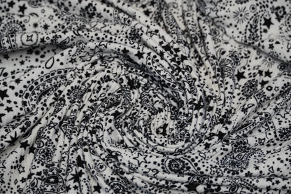 DBP 8x2 Rib Knit Paisley Double Brushed Polyester Spandex Vintage Bandana Monotone White Black Fabric By The Yard