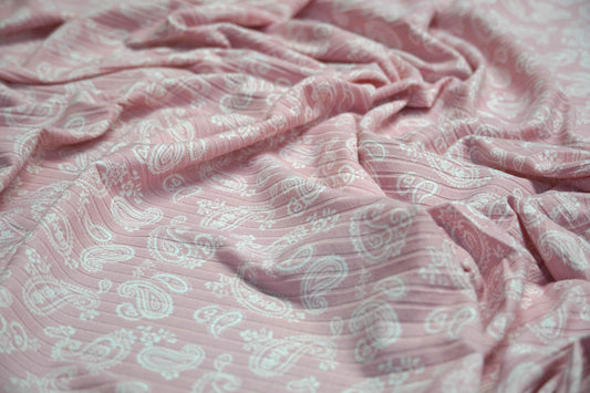 DBP 8x2 Rib Knit Paisley Double Brushed Polyester Spandex Vintage Bandana Monotone Pink Fabric By The Yard
