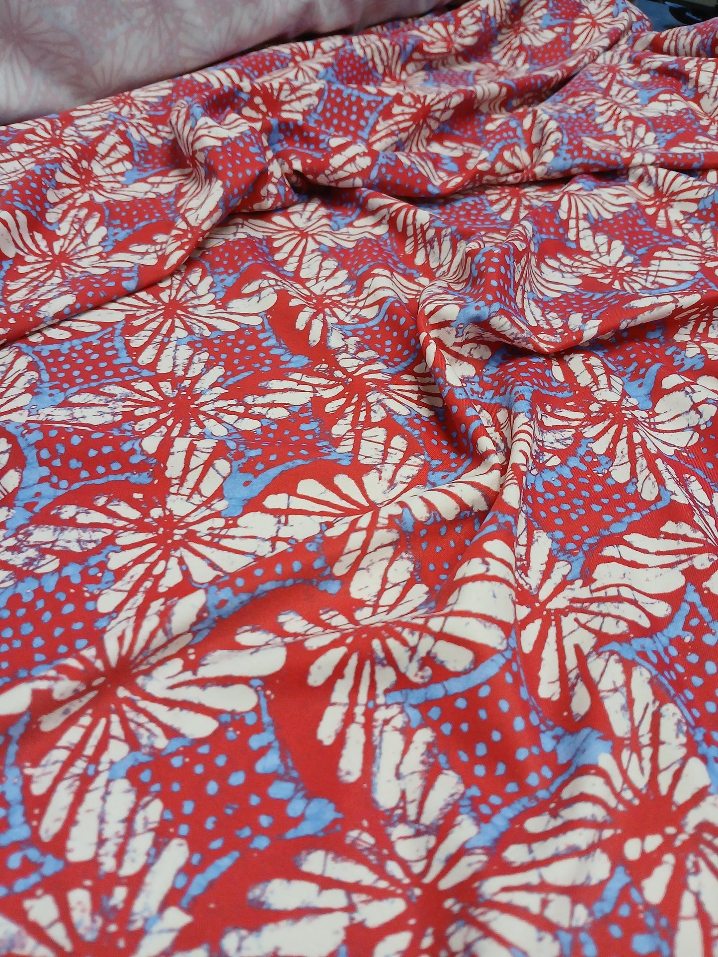 4 Way Stretch Print Nylon Spandex Fabric By The Yard Tricot Swim Wear Bikini Active Wear Geometric Shapes Abstract Red Blue Cream