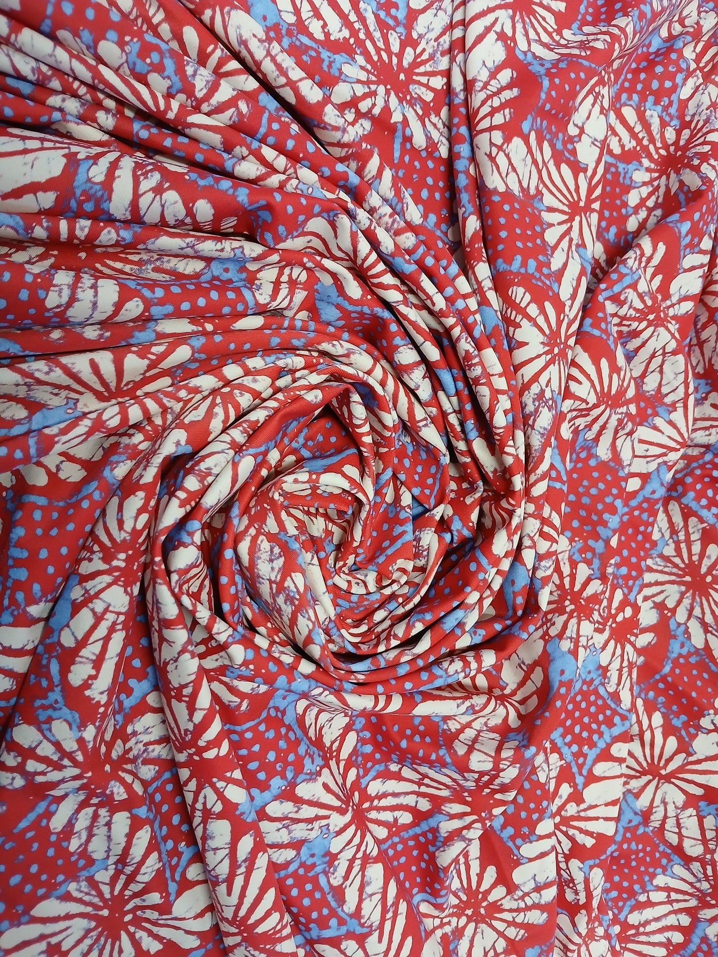 4 Way Stretch Print Nylon Spandex Fabric By The Yard Tricot Swim Wear Bikini Active Wear Geometric Shapes Abstract Red Blue Cream