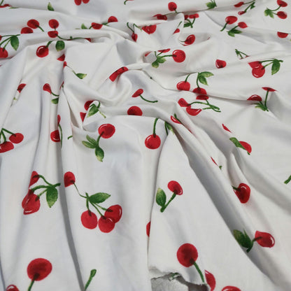 DBP Double Brushed Poly Spandex Print Cherry Print By The Yard Ivory Red