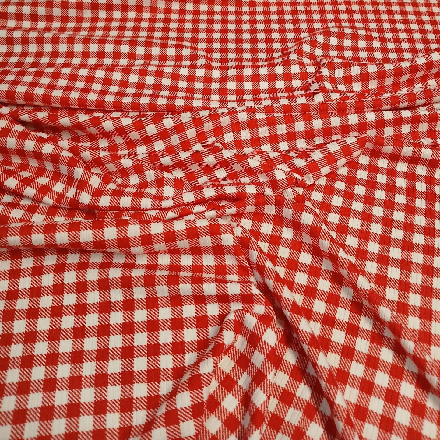 DBP 4x2 Rib Knit  Double Brushed Polyester Spandex Gingham Checkered Plaid Red Fabric By The Yard