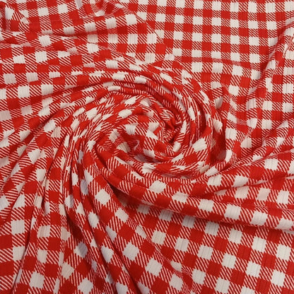 DBP 4x2 Rib Knit  Double Brushed Polyester Spandex Gingham Checkered Plaid Red Fabric By The Yard