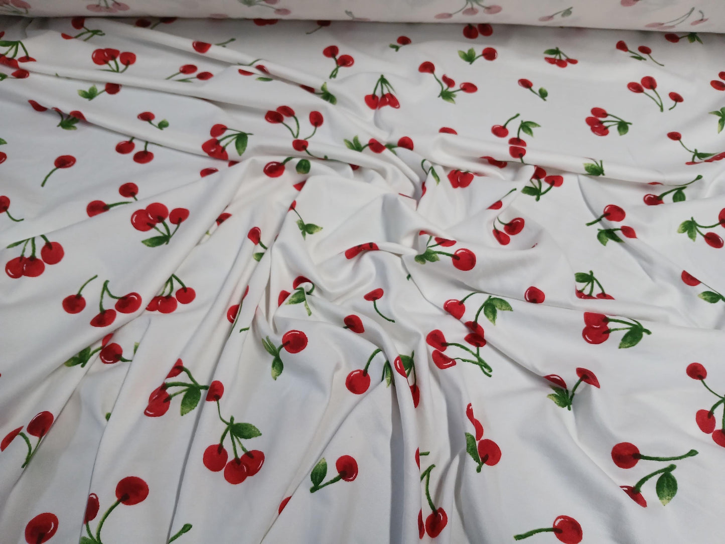 DBP Double Brushed Poly Spandex Print Cherry Print By The Yard Ivory Red
