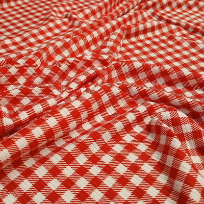 DBP 4x2 Rib Knit  Double Brushed Polyester Spandex Gingham Checkered Plaid Red Fabric By The Yard