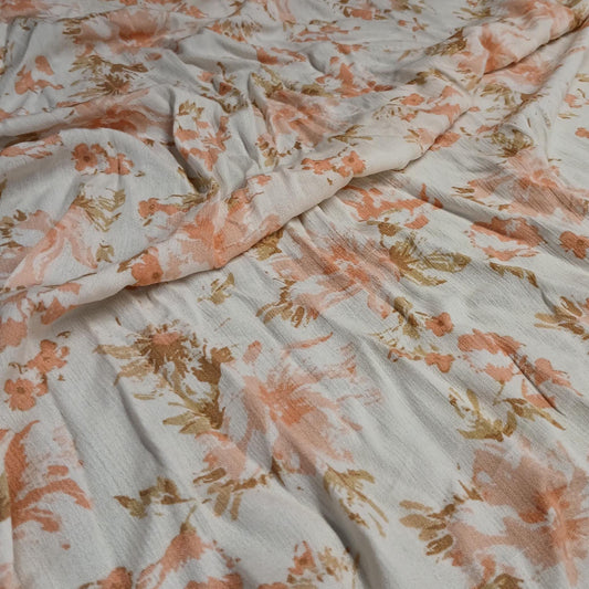 100% Rayon Crinkled Challis Fabric  Orange and Cream Floral  Print  Soft, Flowy Woven Fabric by the Yard