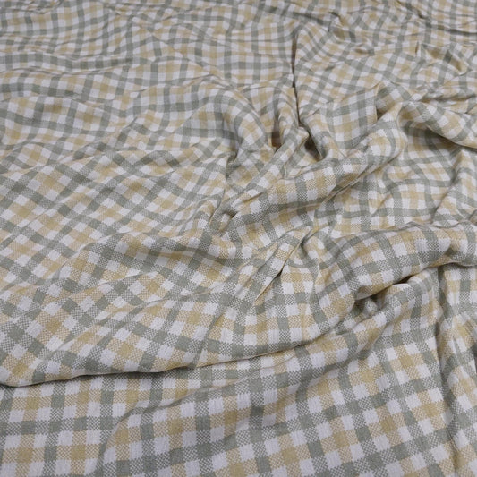 100% Rayon Crinkled Challis Fabric  Sage and Taupe Gingham  Print  Soft, Flowy Woven Fabric by the Yard