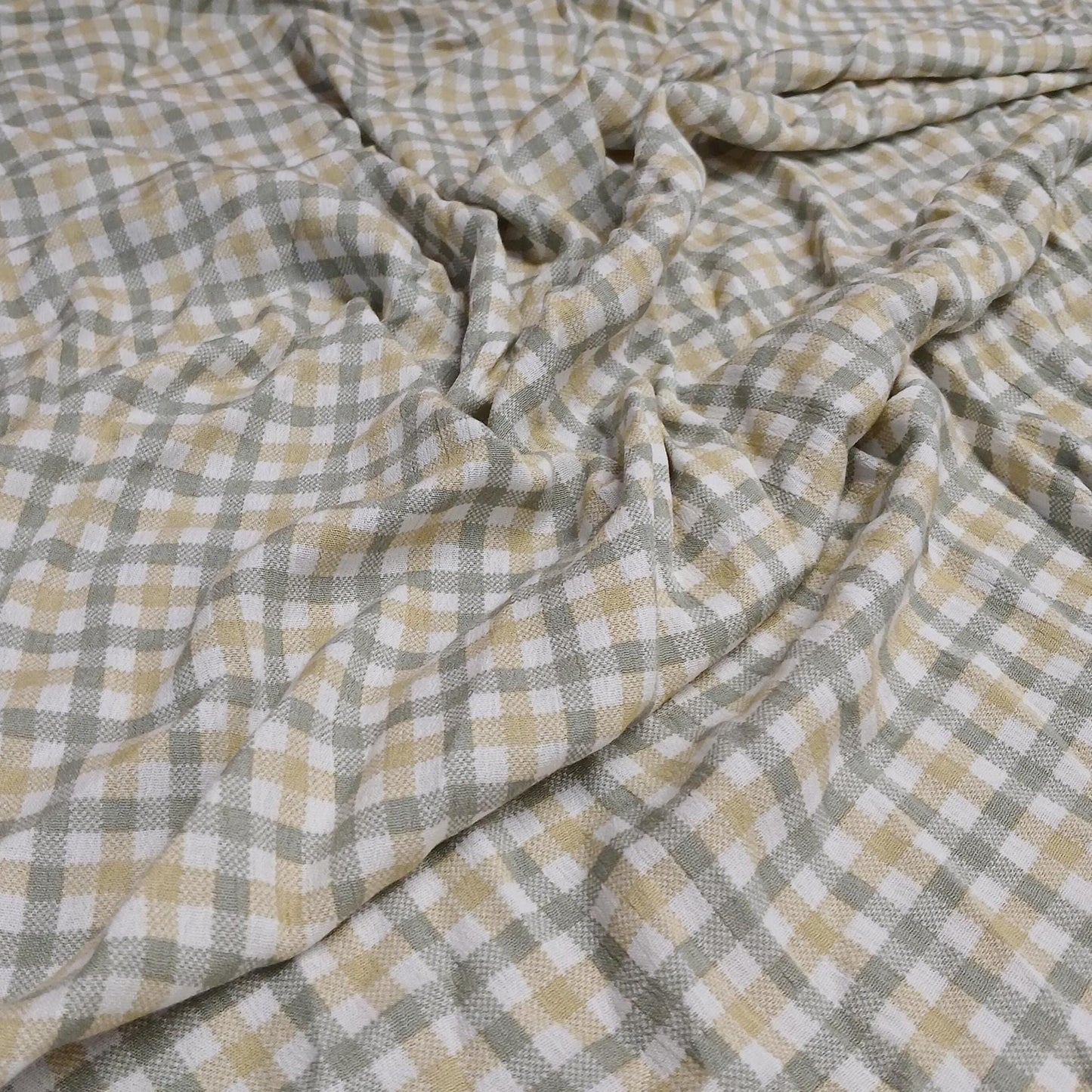 100% Rayon Crinkled Challis Fabric  Sage and Taupe Gingham  Print  Soft, Flowy Woven Fabric by the Yard