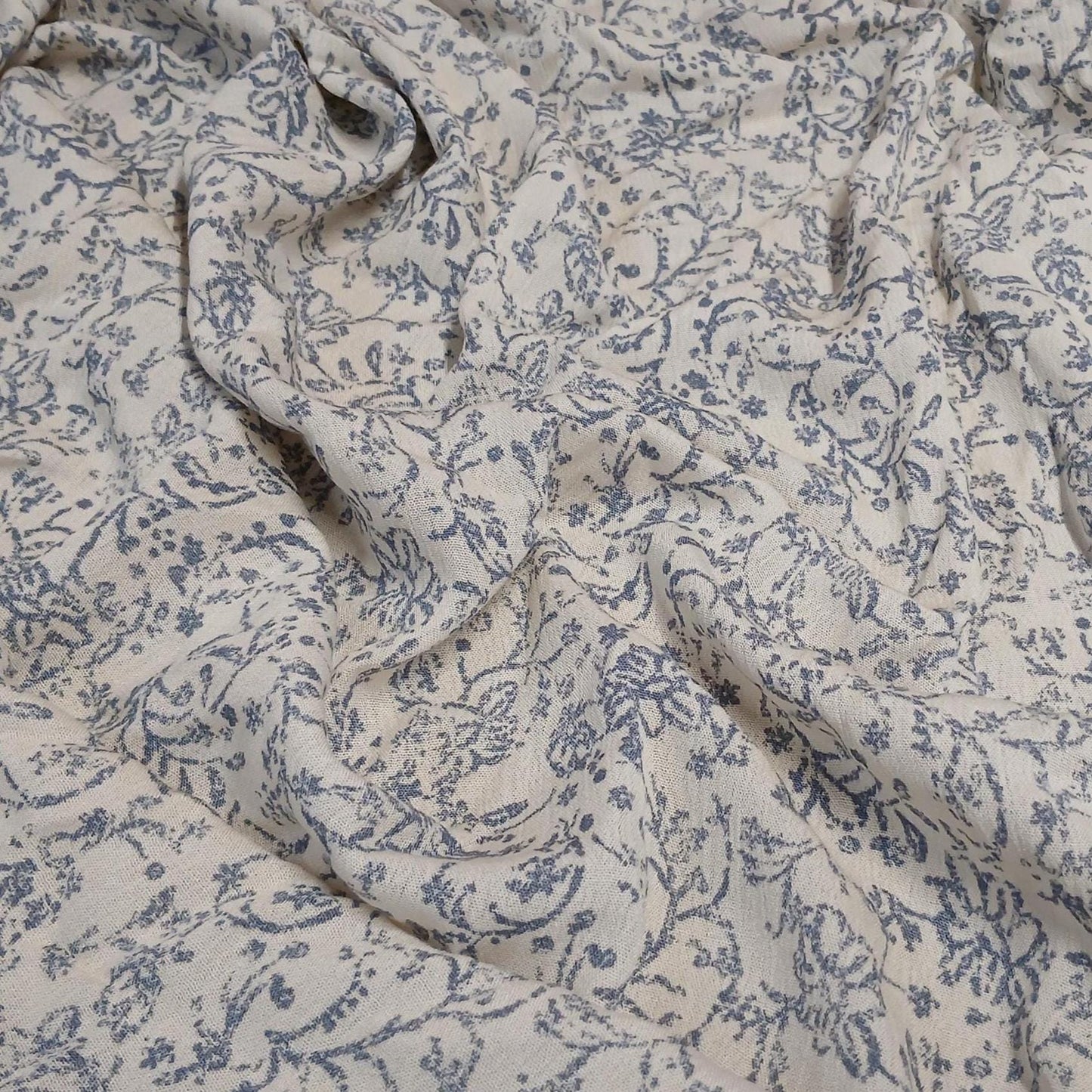 100% Rayon Crinkled Challis Fabric  Denim and Cream Vintage Floral Print  Soft, Flowy Woven Fabric by the Yard