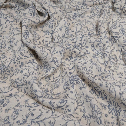100% Rayon Crinkled Challis Fabric  Denim and Cream Vintage Floral Print  Soft, Flowy Woven Fabric by the Yard