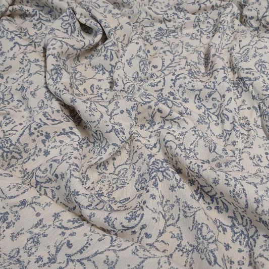 100% Rayon Crinkled Challis Fabric  Denim and Cream Vintage Floral Print  Soft, Flowy Woven Fabric by the Yard