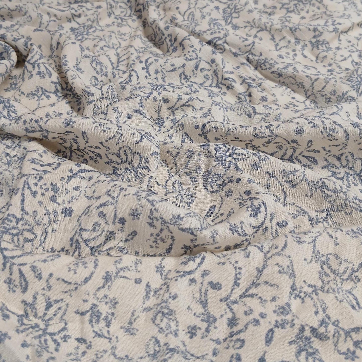 100% Rayon Crinkled Challis Fabric  Denim and Cream Vintage Floral Print  Soft, Flowy Woven Fabric by the Yard