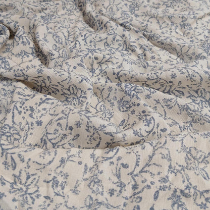 100% Rayon Crinkled Challis Fabric  Denim and Cream Vintage Floral Print  Soft, Flowy Woven Fabric by the Yard