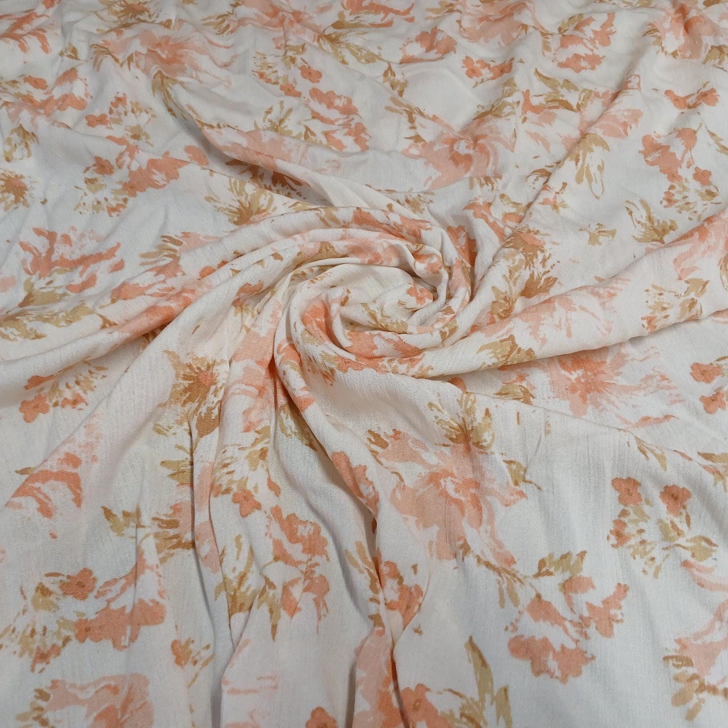 100% Rayon Crinkled Challis Fabric  Orange and Cream Floral  Print  Soft, Flowy Woven Fabric by the Yard