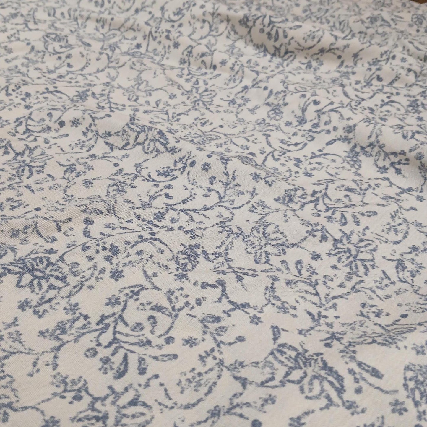 100% Rayon Crinkled Challis Fabric  Denim and Cream Vintage Floral Print  Soft, Flowy Woven Fabric by the Yard