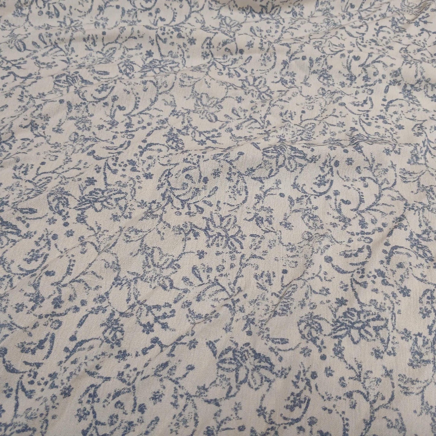 100% Rayon Crinkled Challis Fabric  Denim and Cream Vintage Floral Print  Soft, Flowy Woven Fabric by the Yard