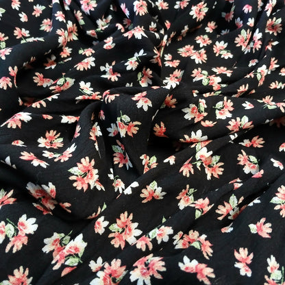 Black Floral Print 100% Rayon Crepe Woven Fabric – Coral White Flowers, 56” Wide