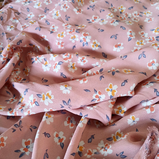 Mauve Floral Print 100% Polyester Wool Dobby Fabric – White & Mustard Flowers, 60” Wide
