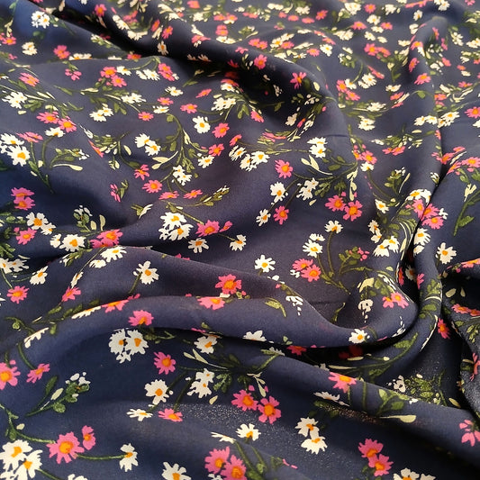 Navy Floral Print 100% Polyester Wool Dobby Fabric – White Red & Green Flowers, 60” Wide