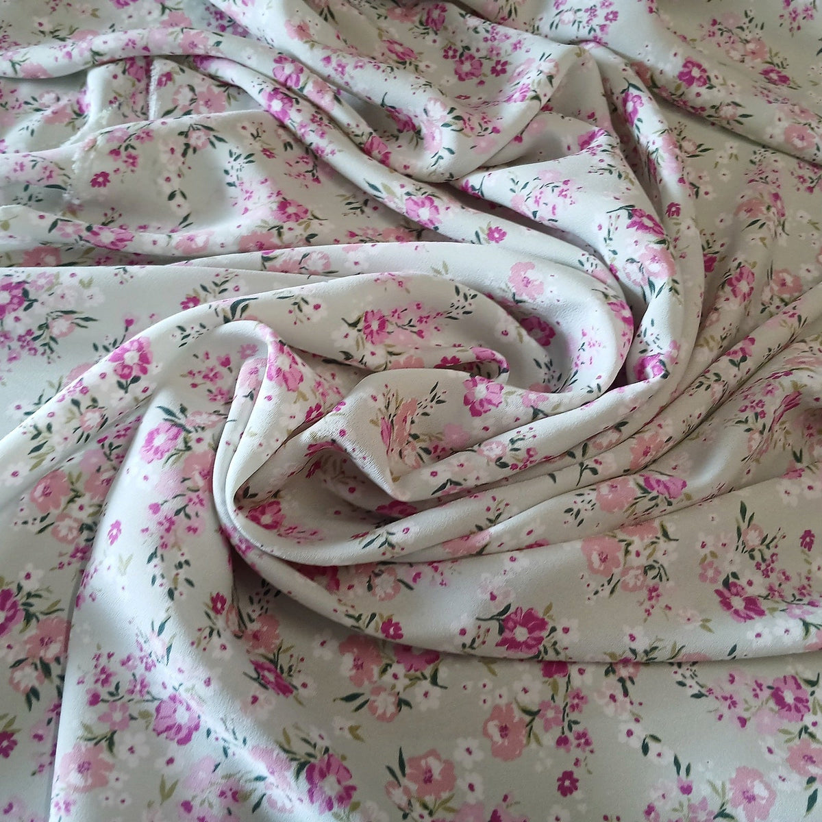 Mint Floral Print 100% Polyester Wool Dobby Fabric – White & Pink Flowers, 60” Wide