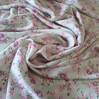 Mint Floral Print 100% Polyester Wool Dobby Fabric – White & Pink Flowers, 60” Wide