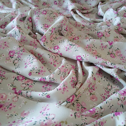 Mint Floral Print 100% Polyester Wool Dobby Fabric – White & Pink Flowers, 60” Wide