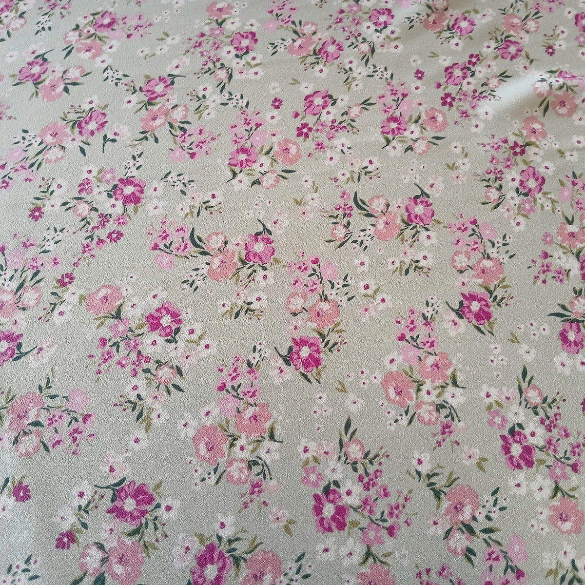 Mint Floral Print 100% Polyester Wool Dobby Fabric – White & Pink Flowers, 60” Wide