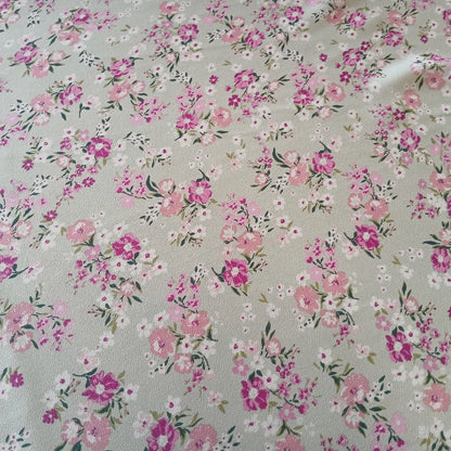 Mint Floral Print 100% Polyester Wool Dobby Fabric – White & Pink Flowers, 60” Wide