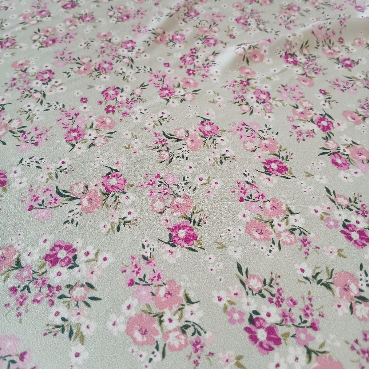 Mint Floral Print 100% Polyester Wool Dobby Fabric – White & Pink Flowers, 60” Wide