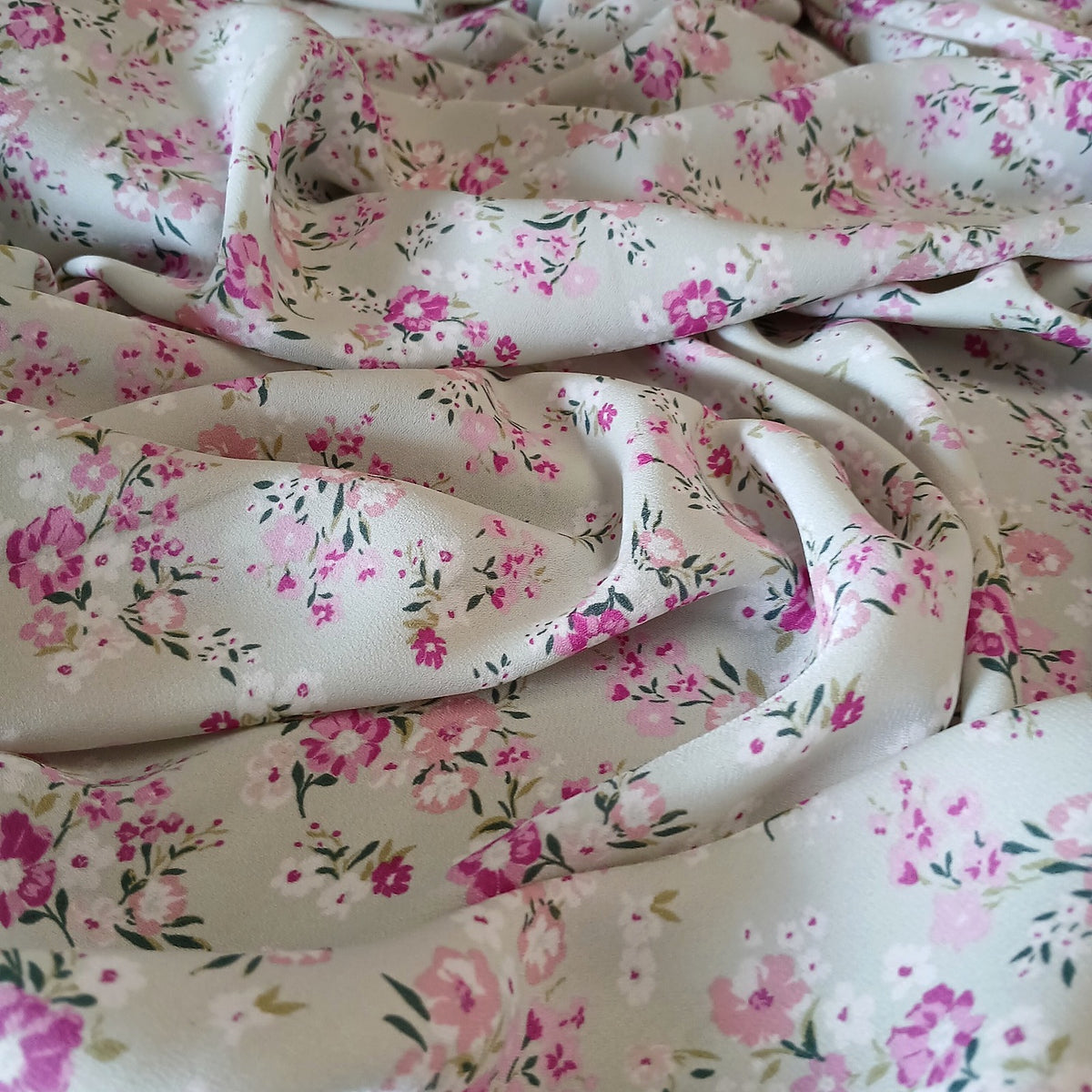 Mint Floral Print 100% Polyester Wool Dobby Fabric – White & Pink Flowers, 60” Wide