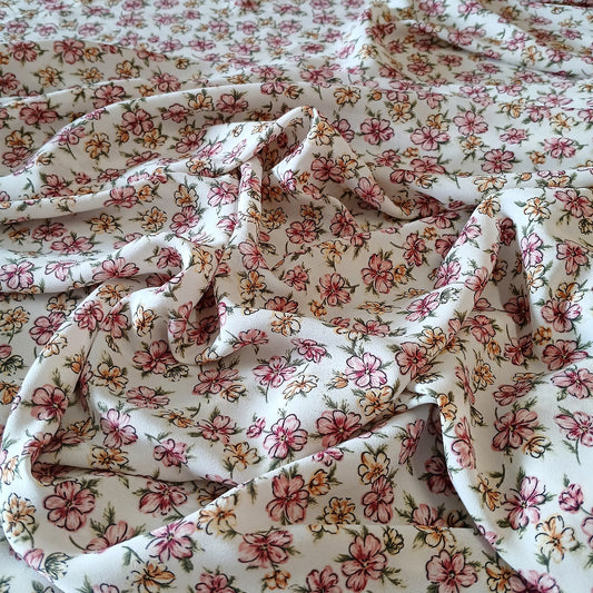 Ivory Floral Print 100% Polyester Wool Dobby Fabric – Blush & Pink Flowers, 60” Wide