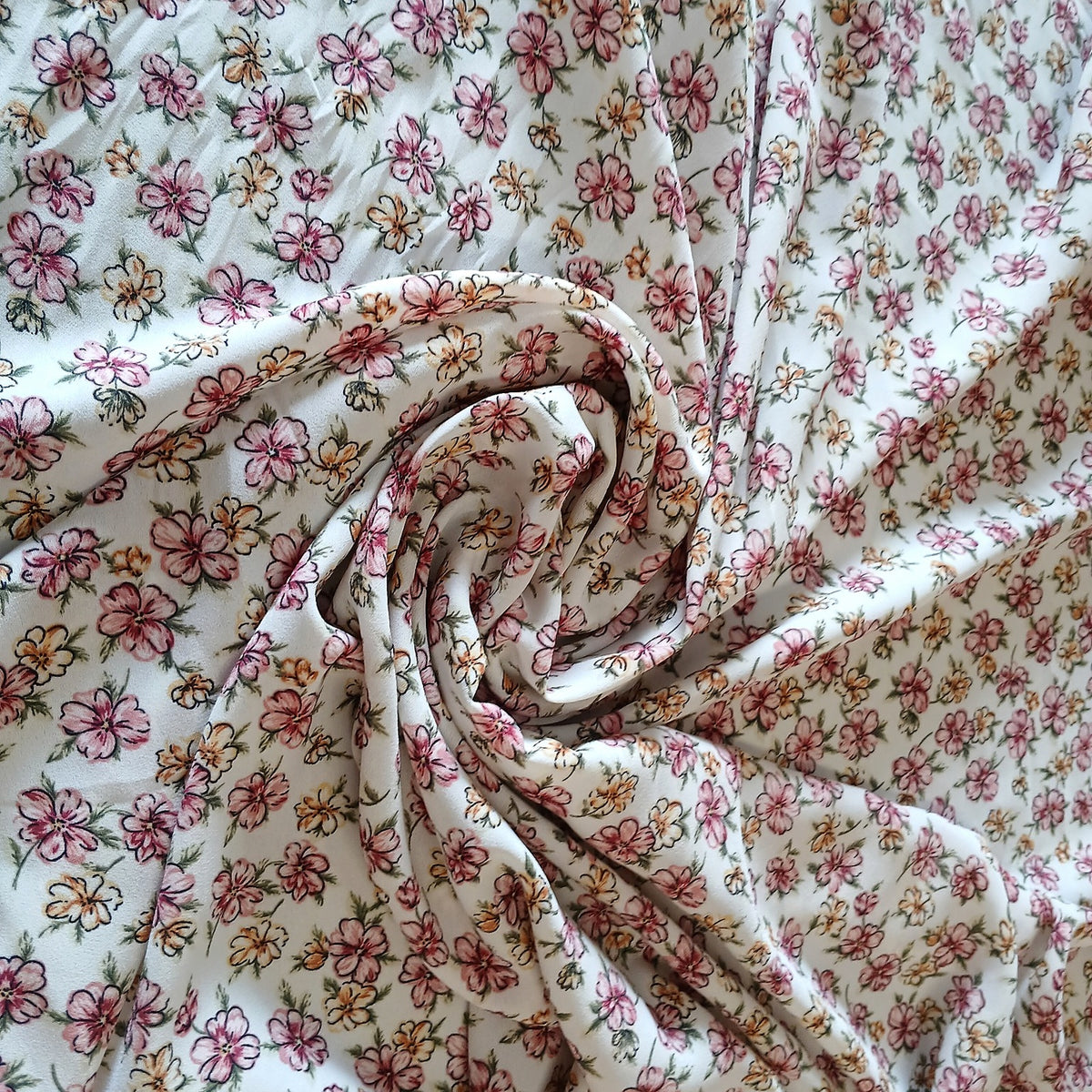 Ivory Floral Print 100% Polyester Wool Dobby Fabric – Blush & Pink Flowers, 60” Wide