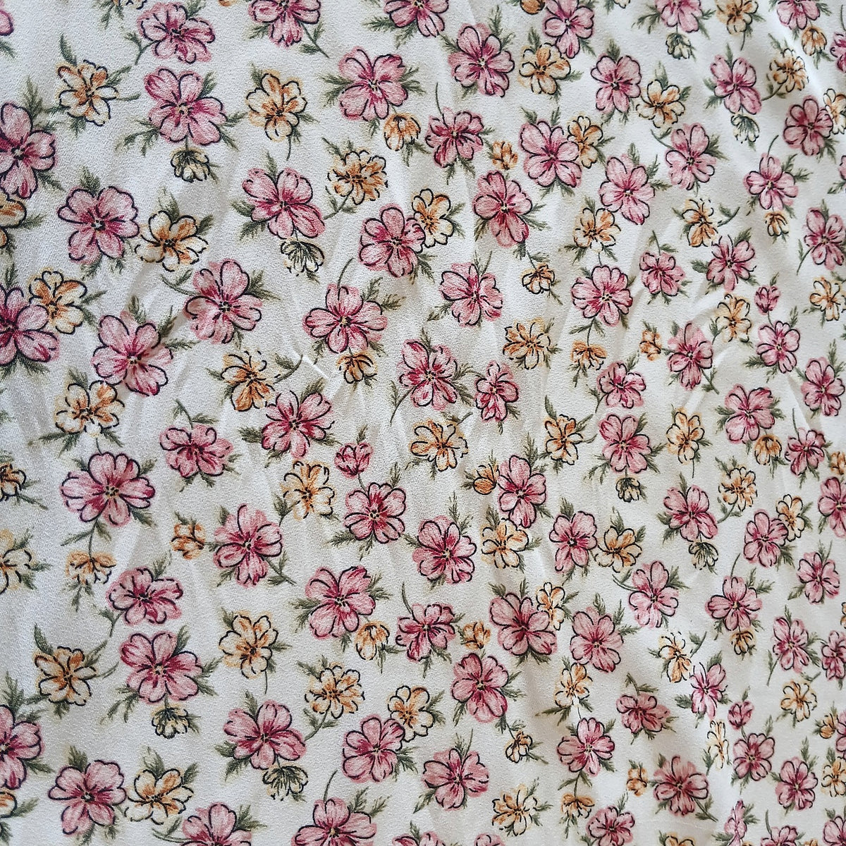 Ivory Floral Print 100% Polyester Wool Dobby Fabric – Blush & Pink Flowers, 60” Wide