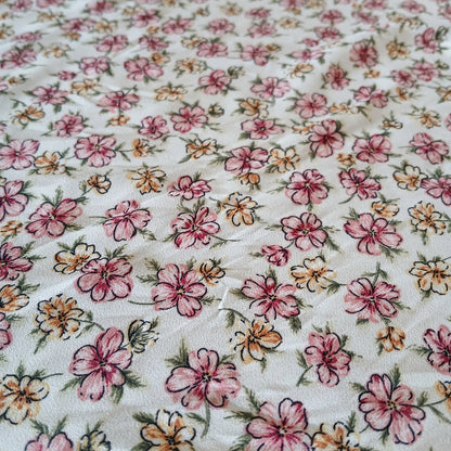 Ivory Floral Print 100% Polyester Wool Dobby Fabric – Blush & Pink Flowers, 60” Wide
