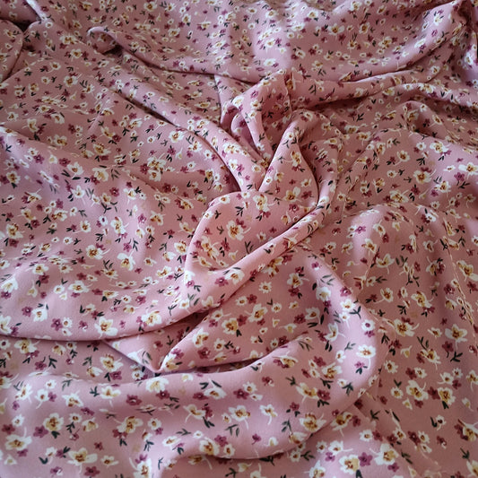 Mauve Floral Print 100% Polyester Wool Dobby Fabric – White & Wine Flowers, 60” Wide