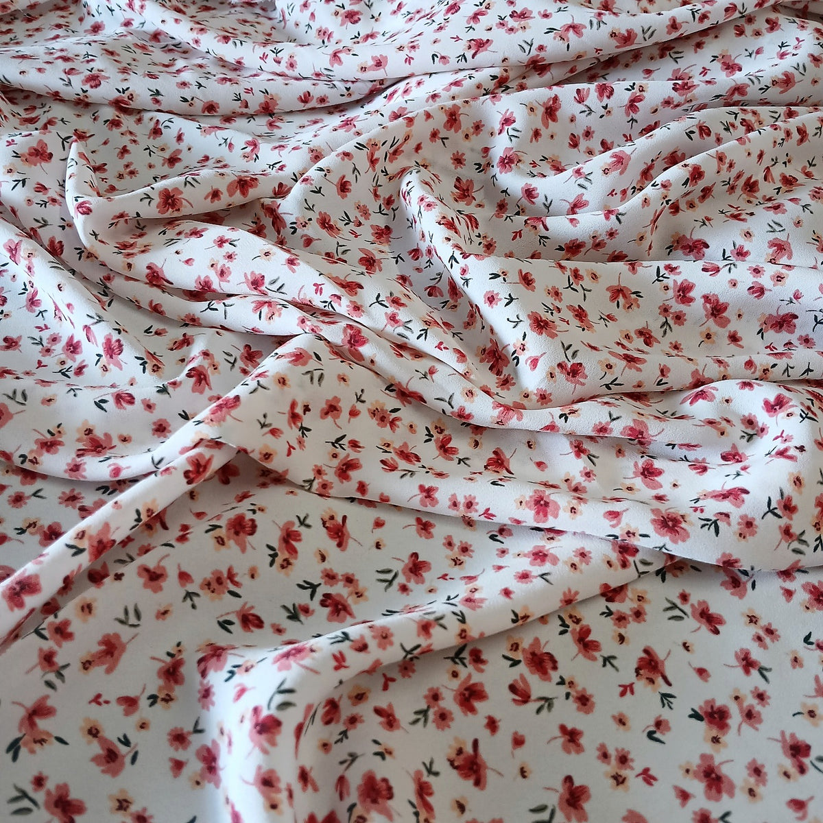 Ivory Floral Print 100% Polyester Wool Dobby Fabric – Red & Pink Flowers, 60” Wide