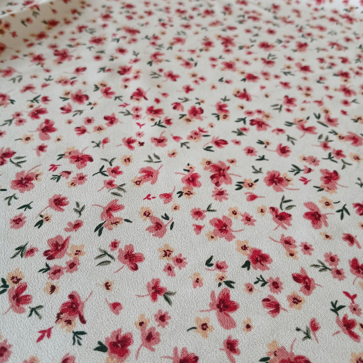 Ivory Floral Print 100% Polyester Wool Dobby Fabric – Red & Pink Flowers, 60” Wide