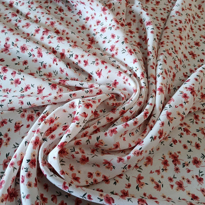 Ivory Floral Print 100% Polyester Wool Dobby Fabric – Red & Pink Flowers, 60” Wide