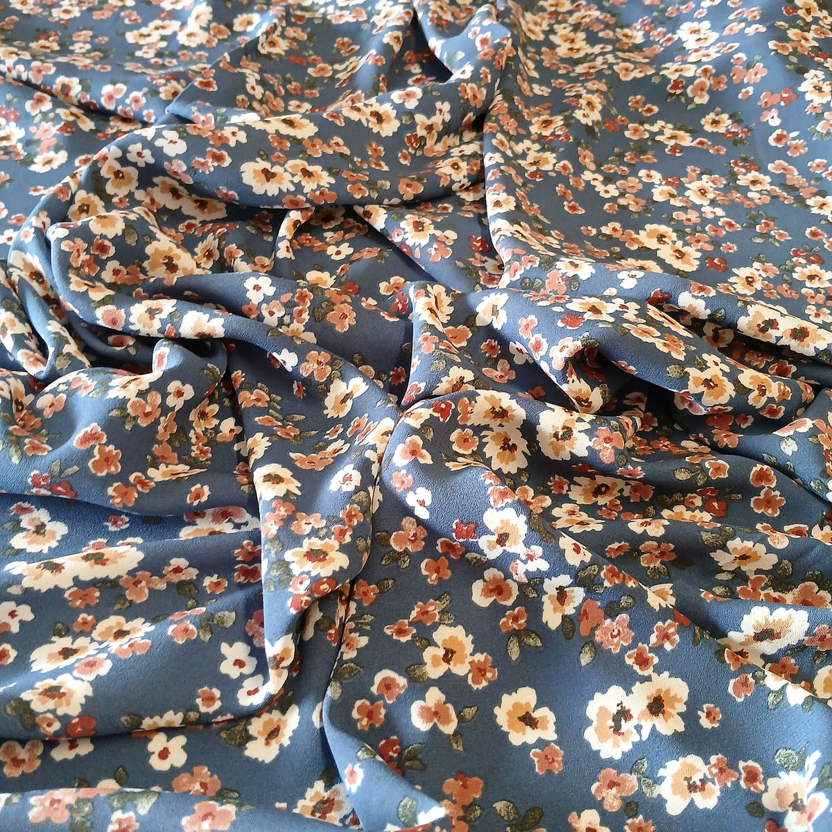 Denim Floral Print 100% Polyester Wool Dobby Fabric – White & Coral Flowers, 60” Wide