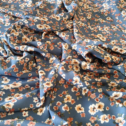 Denim Floral Print 100% Polyester Wool Dobby Fabric – White & Coral Flowers, 60” Wide