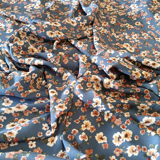 Denim Floral Print 100% Polyester Wool Dobby Fabric – White & Coral Flowers, 60” Wide