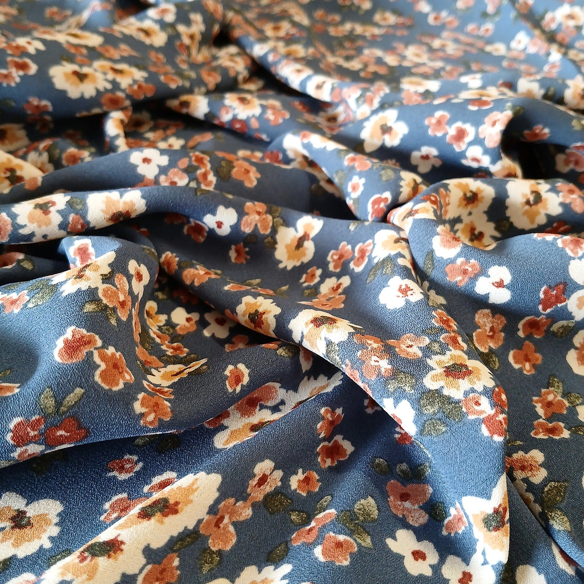 Denim Floral Print 100% Polyester Wool Dobby Fabric – White & Coral Flowers, 60” Wide