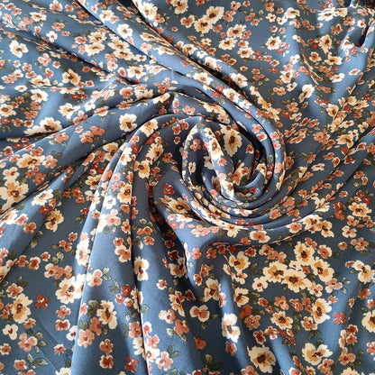 Denim Floral Print 100% Polyester Wool Dobby Fabric – White & Coral Flowers, 60” Wide