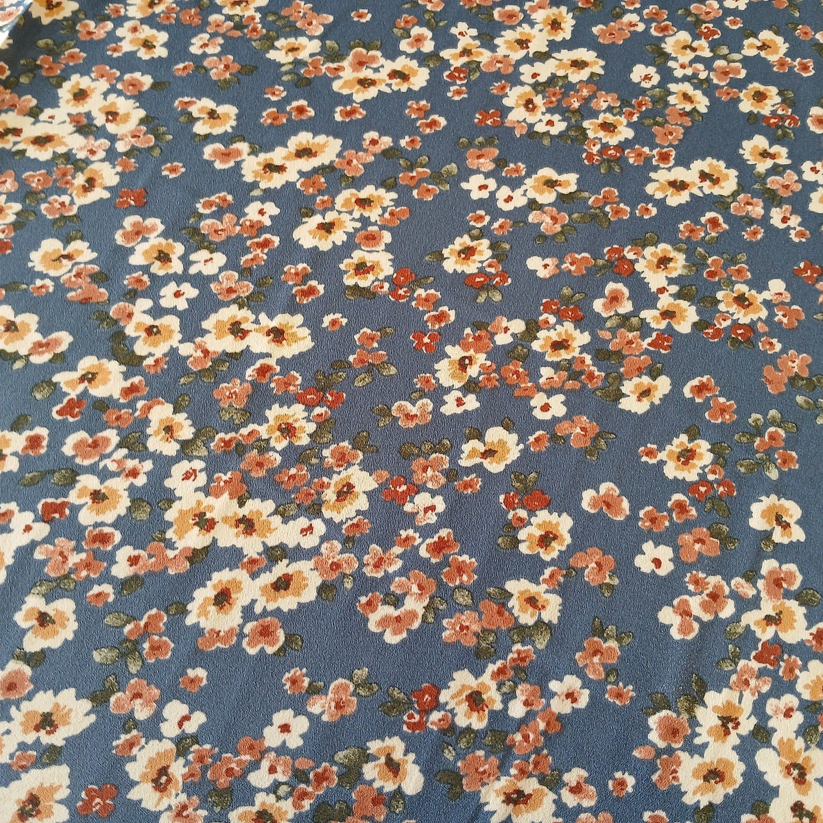 Denim Floral Print 100% Polyester Wool Dobby Fabric – White & Coral Flowers, 60” Wide