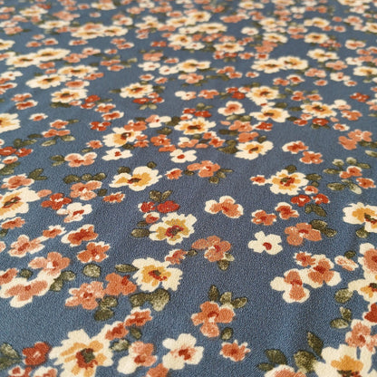 Denim Floral Print 100% Polyester Wool Dobby Fabric – White & Coral Flowers, 60” Wide