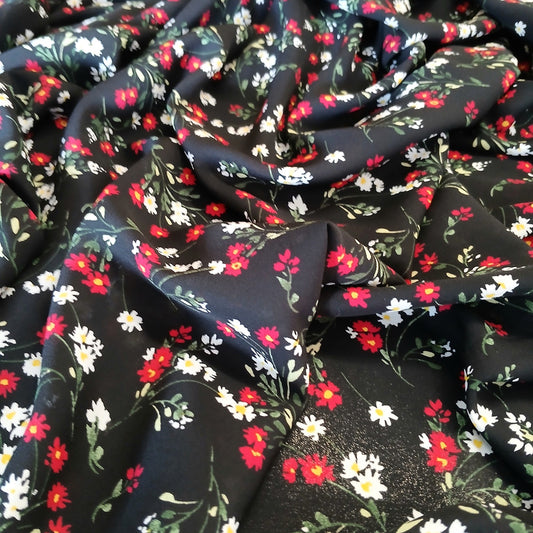 Black Floral Print 100% Polyester Wool Dobby Fabric – Red & White Flowers, 60” Wide