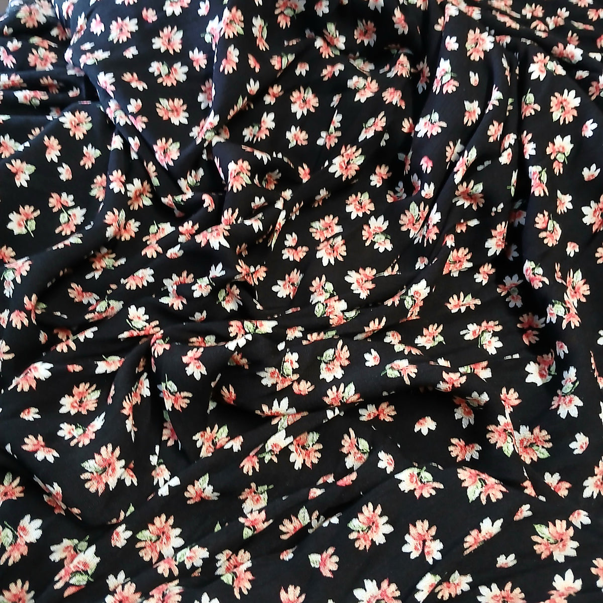 Black Floral Print 100% Rayon Crepe Woven Fabric – Coral White Flowers, 56” Wide