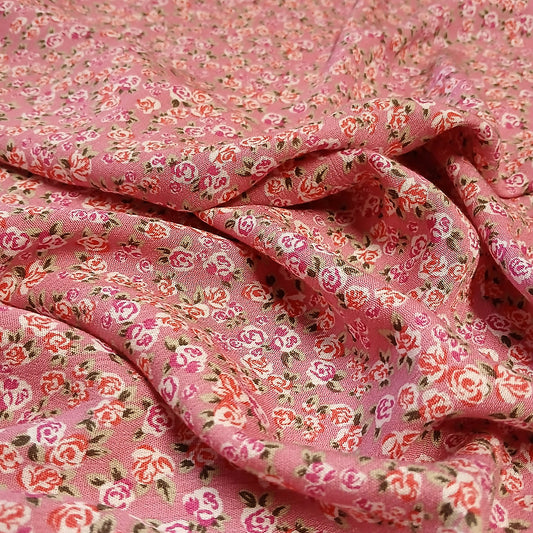 Mauve Rose Floral Print 100% Rayon Crepe Woven Fabric – Pink White Rose Flowers, 56” Wide