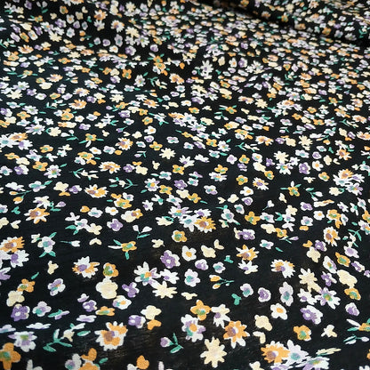 Black Floral Print 100% Rayon Crepe Woven Fabric – Gold Purple White Flowers, 56” Wide